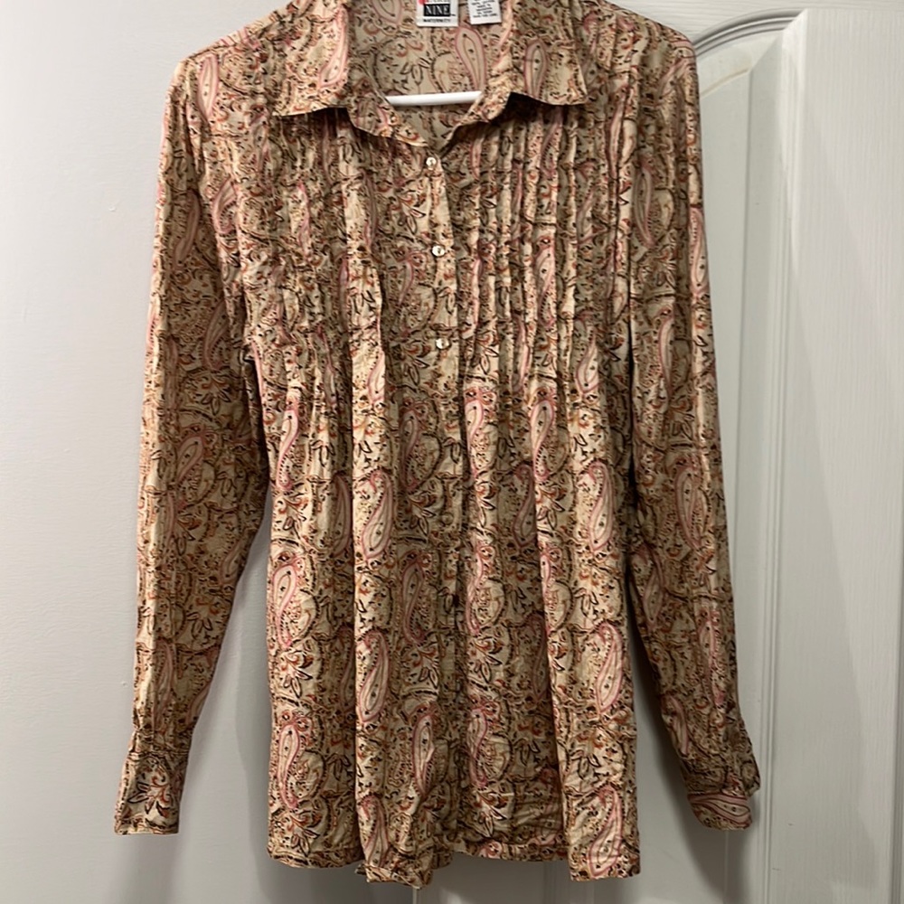 Take Nine Maternity tan and pink blouse
